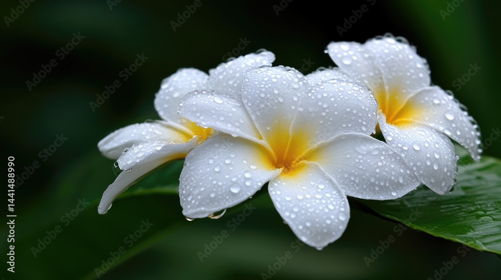 Fototapeta premium Fresh white plumeria flowers covered in water droplets on a green leaf background.