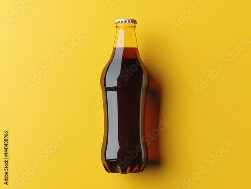 Obraz na płótnie Refreshing dark soda in a glass bottle on a vibrant yellow background creating a minimalist and modern aesthetic perfect for thirst quenching and summer refreshment w salonie