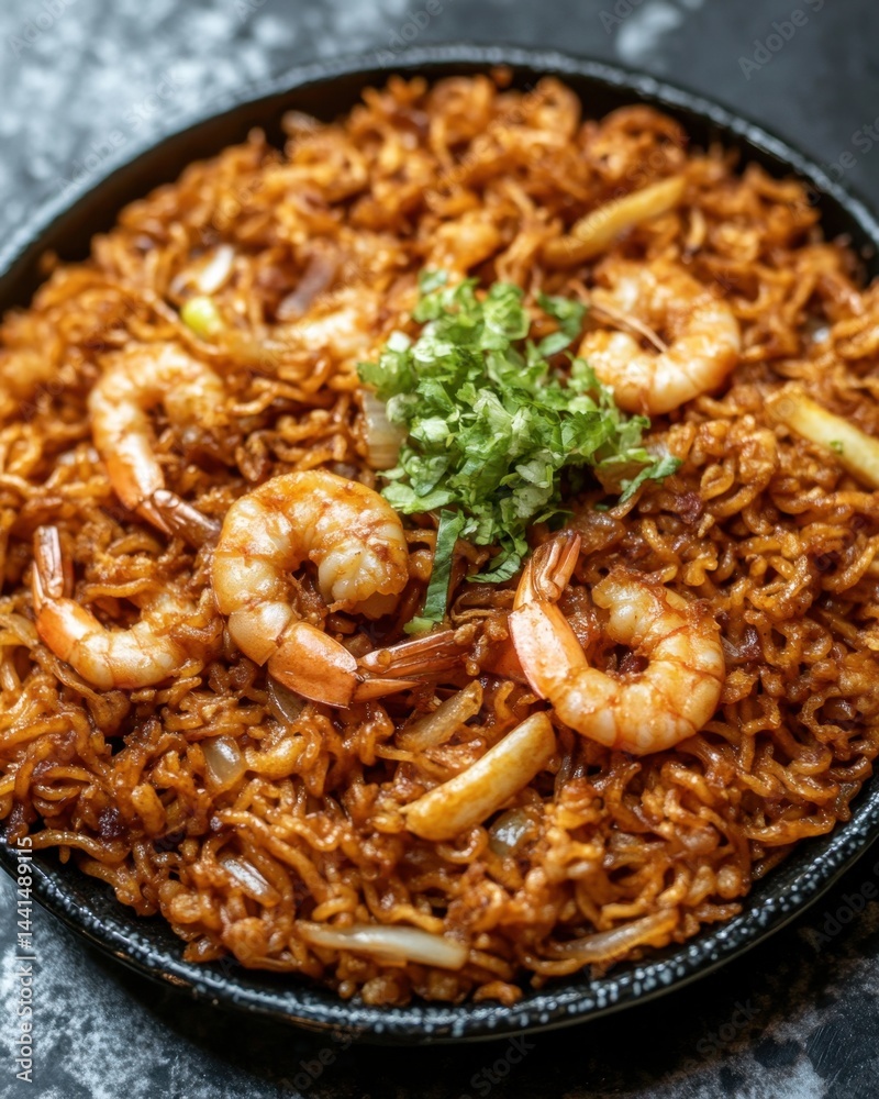 Delicious shrimp lo mein noodle dish with fresh cilantro garnish on dark plate culinary delight asian cuisine food photography