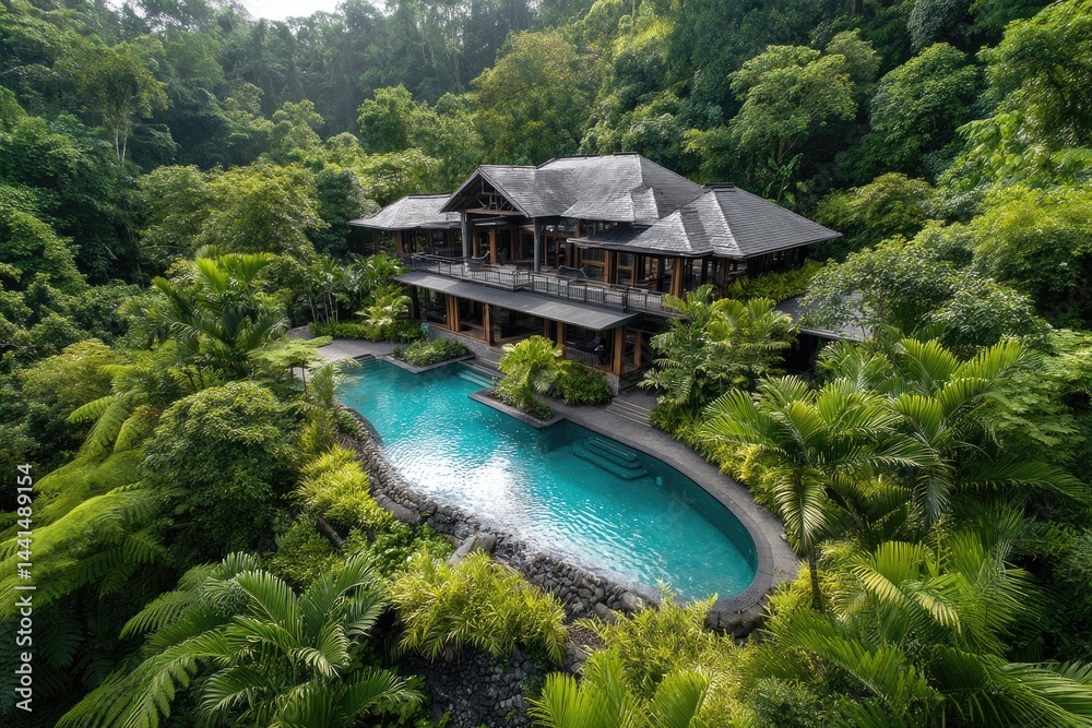 Lush tropical estate nestled within dense forest foliage.