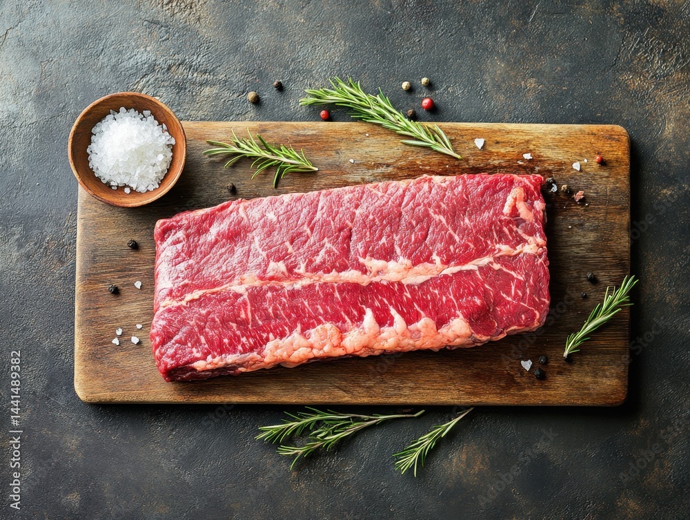 Overhead shot of raw beef steak on wooden board with salt and rosemary sprigs for gourmet food preparation and culinary presentation in a rustic dark background