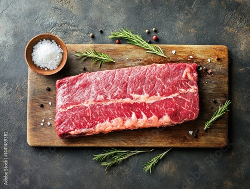Obraz na płótnie Overhead shot of raw beef steak on wooden board with salt and rosemary sprigs for gourmet food preparation and culinary presentation in a rustic dark background w salonie