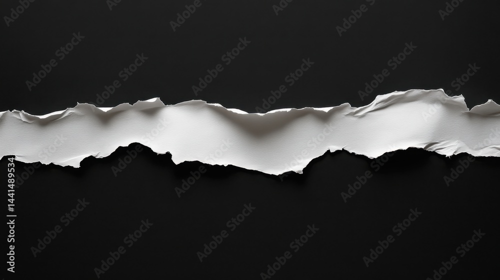 Dramatic torn paper edge on black background creating a stark contrast evoking mystery and intrigue a minimalist composition with a high angle shot
