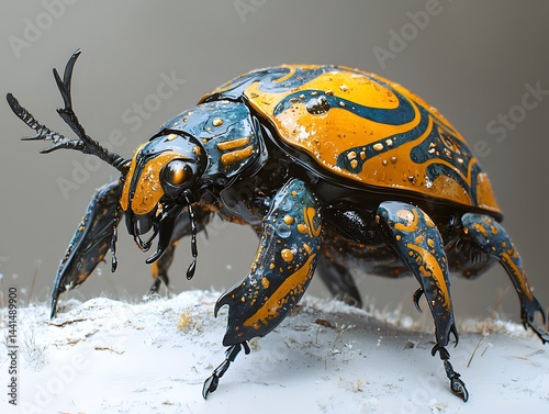 Extremely detailed close-up of a vibrant metallic blue and yellow beetle with intricate patterns on its and long antennae, resting on a white surface