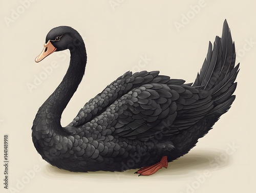 Realistic black swan with detailed feathers and elegant posture, showcasing natural wildlife in a neutral background for nature and bird enthusiasts
