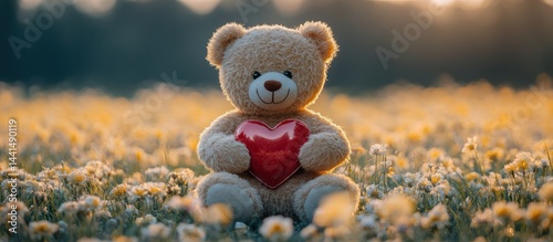 Teddy bear holding heart, sunset field, flowers, love