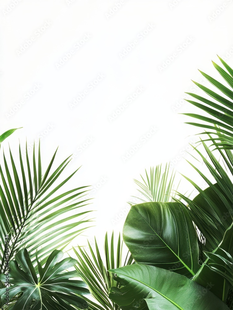 Lush tropical foliage arrangement on white background showcasing vibrant green leaves and botanical beauty creating a serene and refreshing natural aesthetic for design elements