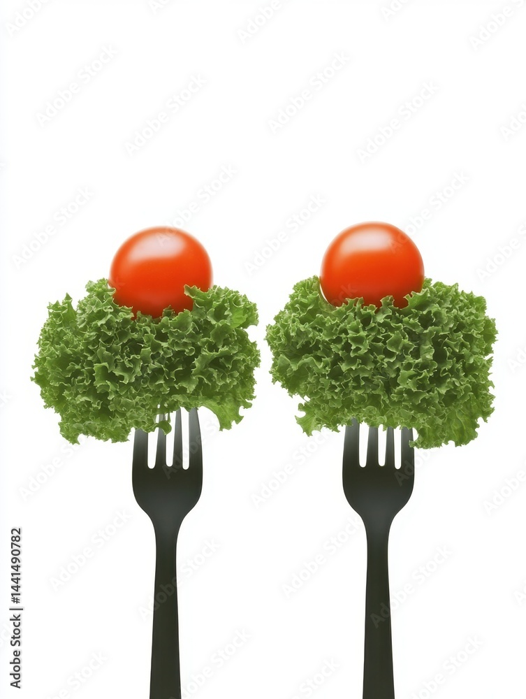 Culinary Minimalism Two Forks Topped with Fresh Lettuce and Vibrant Tomatoes on a Clean White Background Perfect for Healthy Eating and Vegetarian Concept