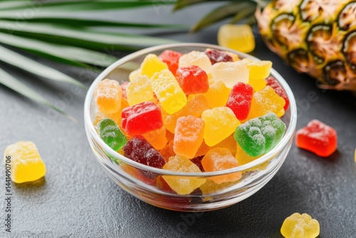 Colorful gummy bears in glass bowl with pineapple on dark background studio shot vibrant and delicious treats close up sweet and chewy candy snack food photography
