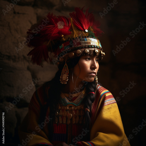 Inti Raymi (Festival Matahari), an intimate portrayal of a young Incan performer backstage adjusting their elaborate headdress.