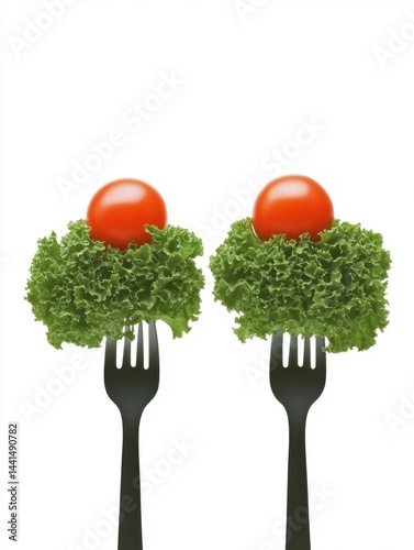 Obraz na płótnie Culinary Minimalism Two Forks Topped with Fresh Lettuce and Vibrant Tomatoes on a Clean White Background Perfect for Healthy Eating and Vegetarian Concept w salonie