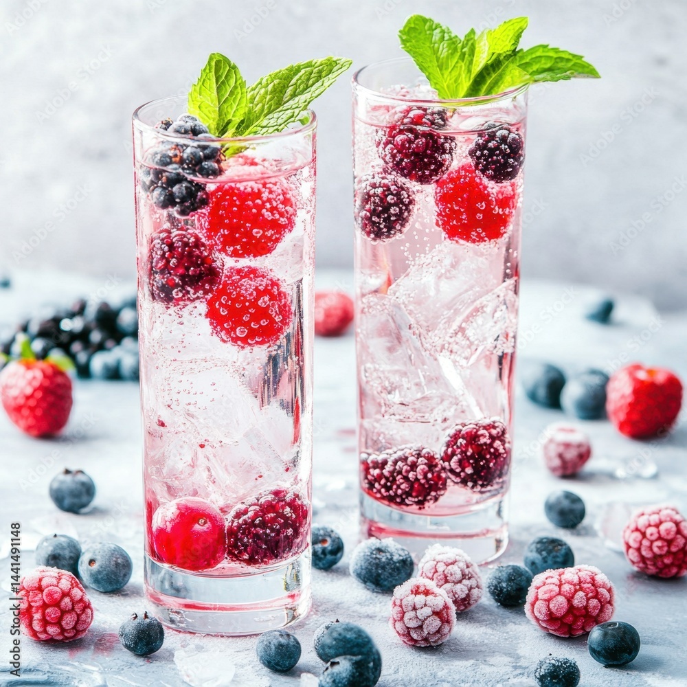 Refreshing summer drink with sparkling water ice and assorted frozen berries in tall glasses on a bright background creating a cool and inviting visual experience