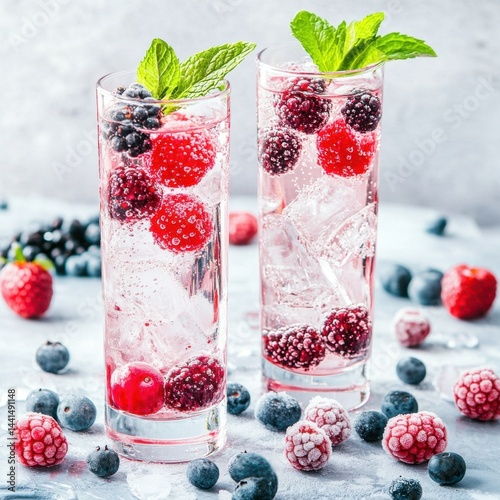 Obraz na płótnie Refreshing summer drink with sparkling water ice and assorted frozen berries in tall glasses on a bright background creating a cool and inviting visual experience w salonie