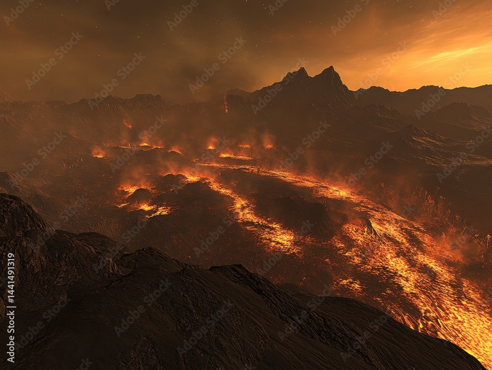 Volcanic landscape with flowing lava streams and mountain peaks under a fiery sky creating a dramatic and otherworldly scene with depth and perspective