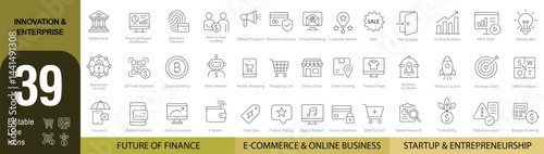 Innovation & Enterprise – 39 Editable Line Icons for Business, Finance, and Startup  | Vector Set in AI, EPS, SVG | Designed in Adobe Illustrator	
