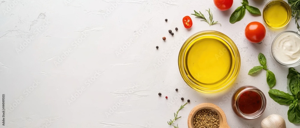 Culinary flat lay showcasing fresh ingredients olive oil tomatoes basil and spices on a clean white textured surface creating a vibrant and inviting food photography scene