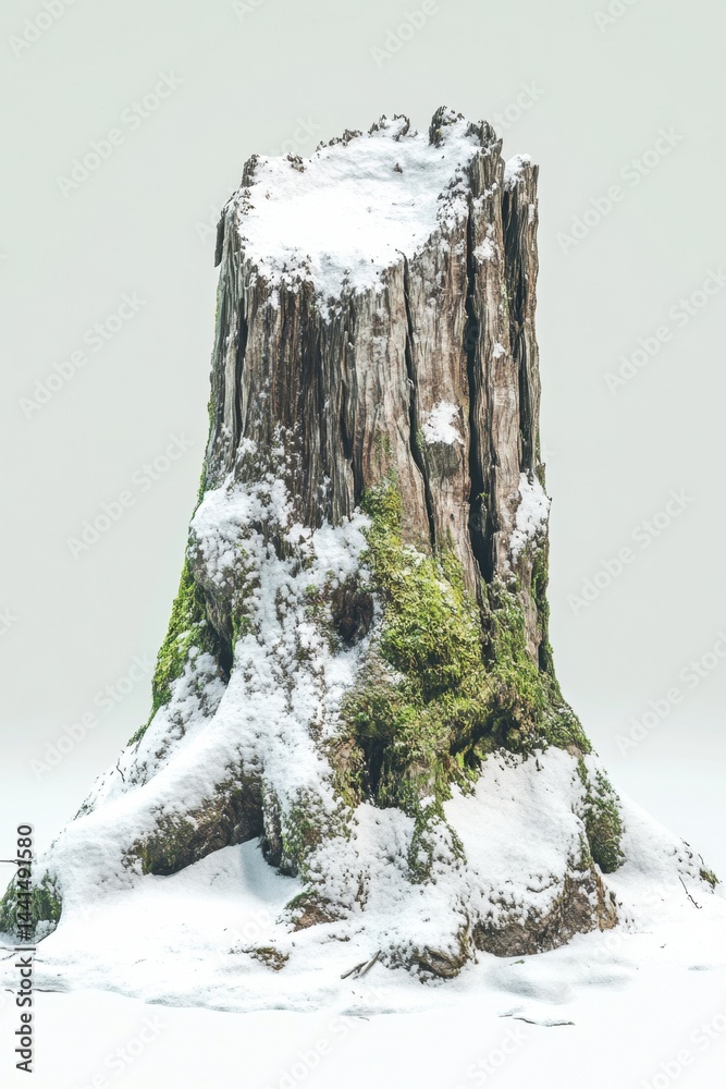 Majestic weathered tree stump adorned with snow and vibrant moss in a serene winter landscape showcasing nature's resilience and beauty in a minimalist style