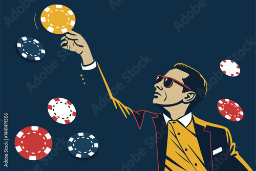 A wealthy businessman, impeccably dressed, wearing sunglasses, dramatically tosses a poker chip in the air, showcasing success and high stakes gambling.