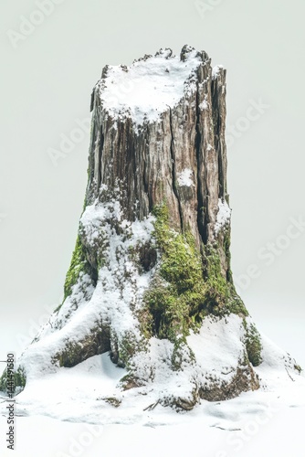 Obraz na płótnie Majestic weathered tree stump adorned with snow and vibrant moss in a serene winter landscape showcasing nature's resilience and beauty in a minimalist style w salonie