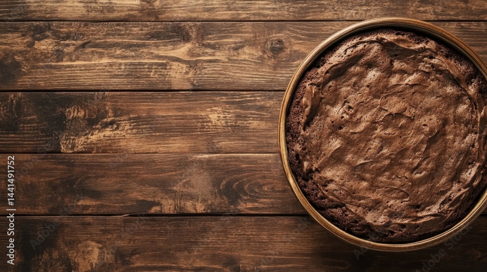 Delicious homemade chocolate cake with rich frosting on rustic wooden table for baking concept