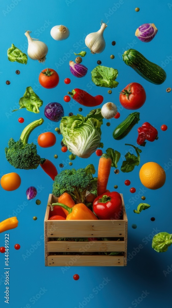 Vibrant Still Life of Fresh Vegetables and Fruits Floating Above a Wooden Crate on a Bright Blue Background Showcasing Healthy Eating and Organic Food