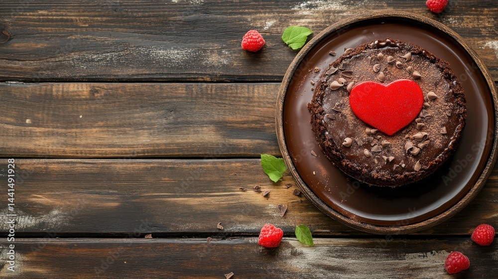 Delicious chocolate cake with a red heart on a wooden plate surrounded by fresh raspberries and mint leaves creating a romantic and appetizing valentine dessert