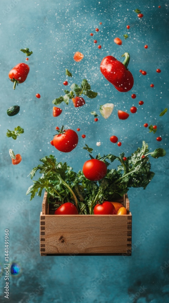 Fresh vibrant tomatoes and herbs exploding from a wooden crate against a cool blue backdrop showcasing natural food photography and culinary artistry