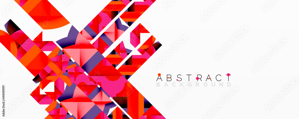 Naklejka premium Geometric shapes overlap, creating vibrant abstract design. Red, pink, purple hues dominate composition. Modern visual element.