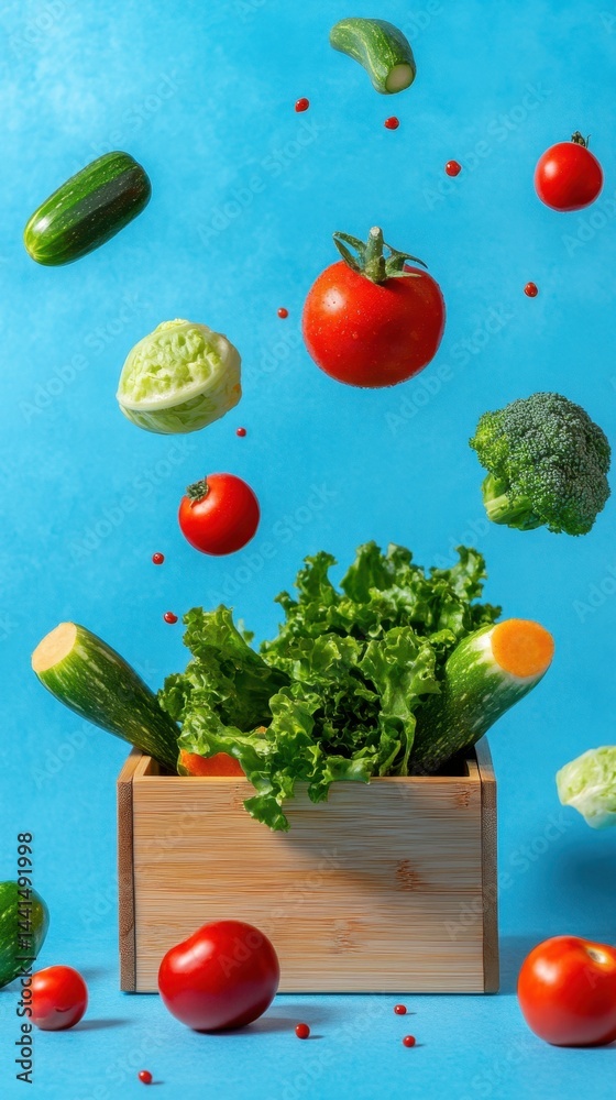 Fresh vegetables and greens levitating above a wooden box against a vibrant blue background creating a dynamic and healthy food concept with a playful and modern style