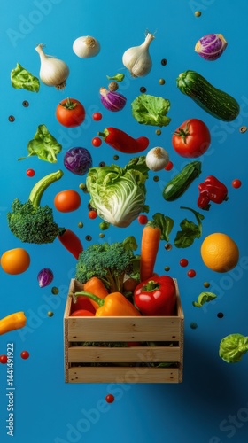 Obraz na płótnie Vibrant Still Life of Fresh Vegetables and Fruits Floating Above a Wooden Crate on a Bright Blue Background Showcasing Healthy Eating and Organic Food w salonie
