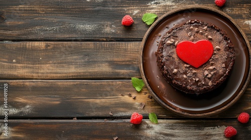 Obraz na płótnie Delicious chocolate cake with a red heart on a wooden plate surrounded by fresh raspberries and mint leaves creating a romantic and appetizing valentine dessert w salonie