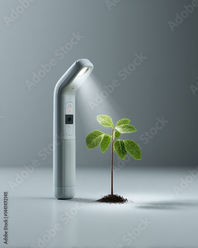 technology innovation agrotech agriculture A small plant grows under a beam of light from a sleek flashlight, symbolizing growth and the importance of nurturing nature.