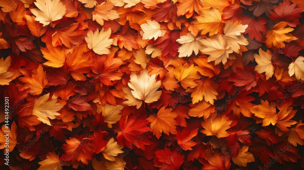 Autumnal tapestry of colorful maple leaves creating a warm and inviting seasonal background with a rich palette of reds oranges and creams in a dense arrangement
