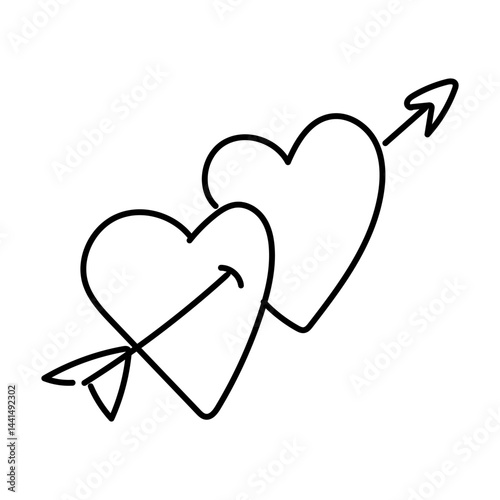 Cupids arrow pierces intertwined hearts. Doodle Icon Illustration