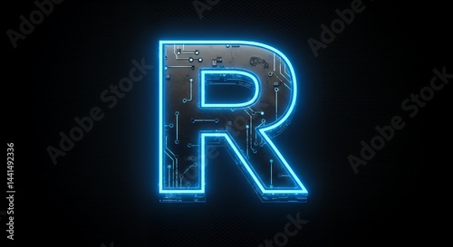 Letter R with Neon Blue Light