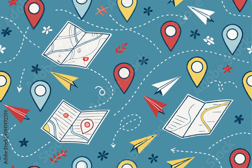 Create a seamless pattern featuring folded maps with GPS location pins, emphasizing a travel theme;  vintage style preferred.