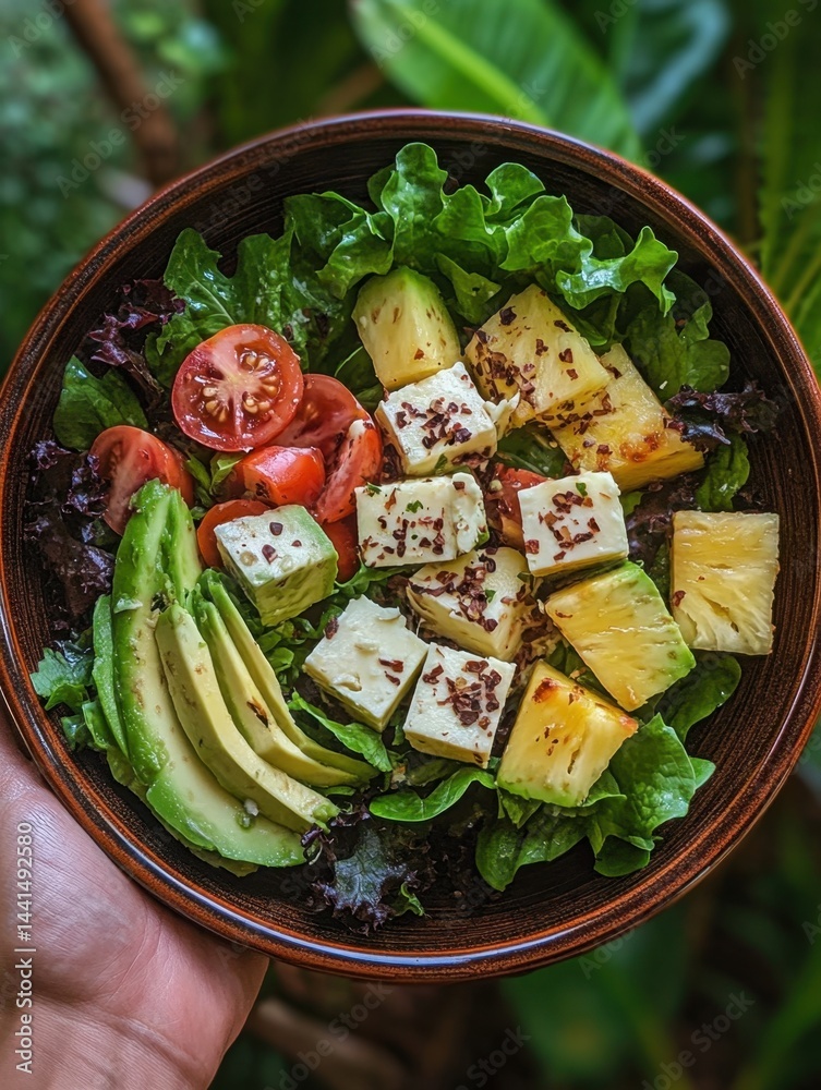 Hand holding a vibrant salad bowl with fresh avocado pineapple tomatoes and cheese cubes on a bed of lettuce healthy eating concept tropical background