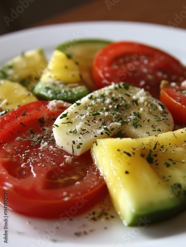 Close up of a vibrant caprese salad with fresh tomatoes mozzarella and basil on a white plate showcasing the colorful ingredients and appetizing presentation