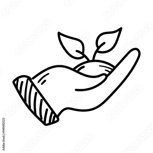 Hand nurturing seedling with love. Doodle Icon Illustration