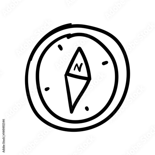 Handdrawn compass pointing north. Doodle Icon Illustration