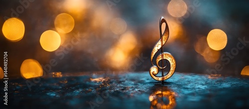 Treble clef on dark surface with bokeh background