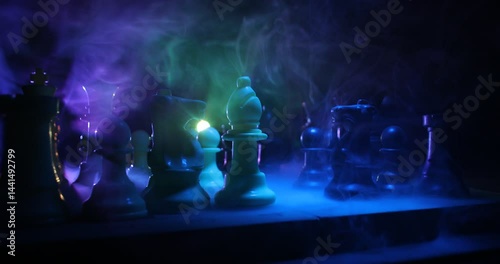 Chess board game concept of business ideas and competition. Police car on a dark background with smoke and fog. Selective focus