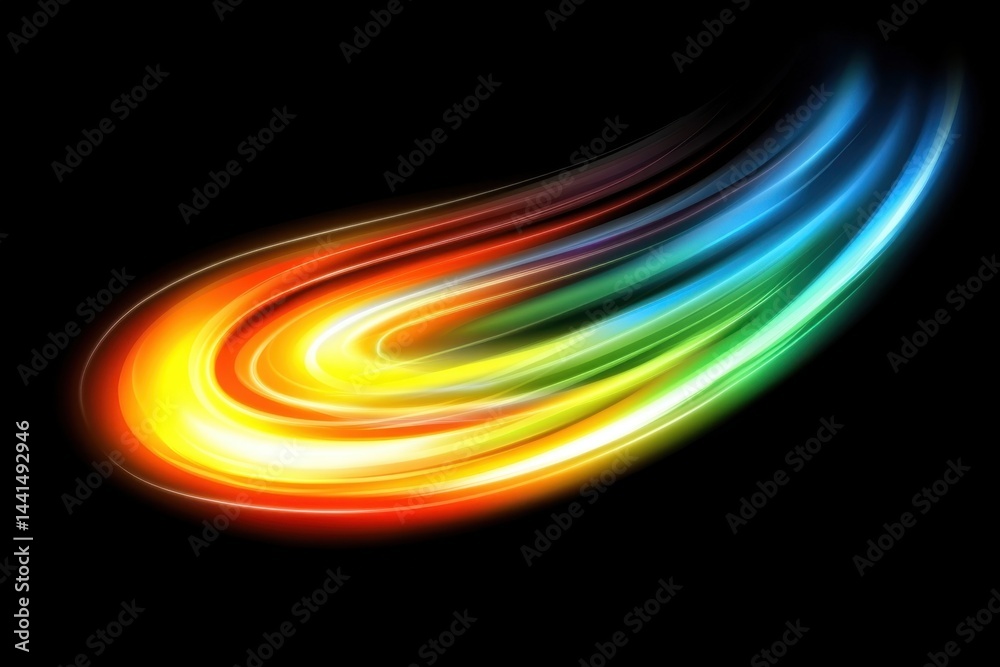 Dynamic light trails on black canvas showcasing vibrant colors and energy creating a mesmerizing visual effect for modern design and abstract art projects