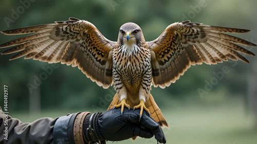 Lanner falcon perched on falconers glove with open wings ready to fly