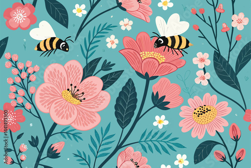 Create a vibrant, seamless spring background pattern featuring a profusion of blooming flowers in various colors and styles.  High resolution, detailed petals.