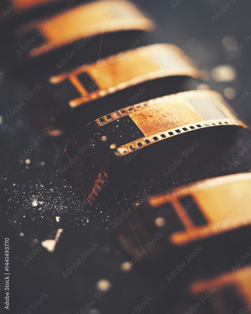 Photographic film strip close up capturing vintage aesthetic with orange and black tones for creative projects nostalgic mood macro photography