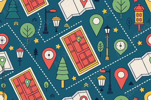 Create a seamless vector pattern featuring intricately folded maps, ideal for travel-themed designs.  Include various map styles and colors for visual interest.