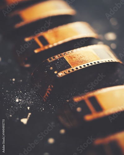 Obraz na płótnie Photographic film strip close up capturing vintage aesthetic with orange and black tones for creative projects nostalgic mood macro photography w salonie
