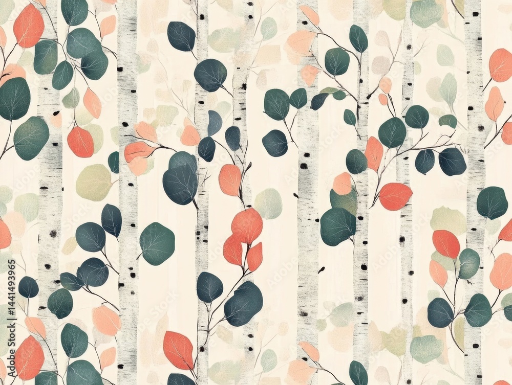 Serene birch tree forest with eucalyptus leaves in a delicate watercolor style creating a peaceful wallpaper design showcasing nature's beauty in a calming landscape