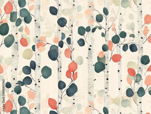 Obraz na płótnie Serene birch tree forest with eucalyptus leaves in a delicate watercolor style creating a peaceful wallpaper design showcasing nature's beauty in a calming landscape w salonie
